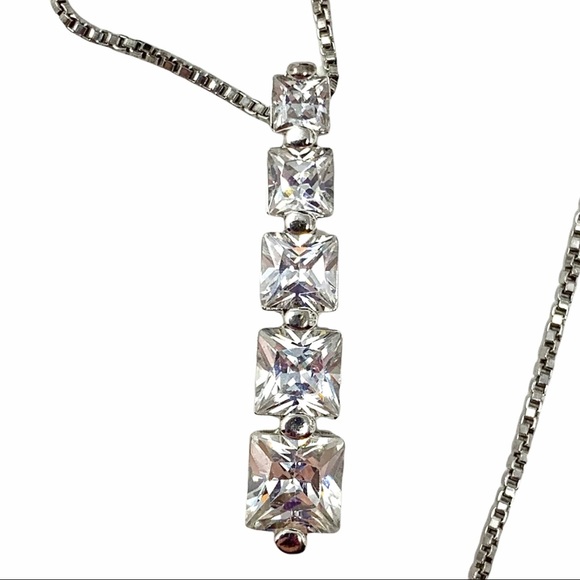 Sterling Silver CZ Cubic Zirconia Square Journey Pendant Necklace 18” - Picture 4 of 8
